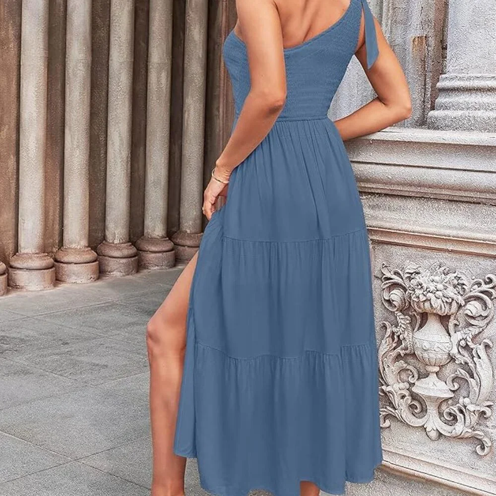 Women's Summer One Shoulder Sleeveless Knot Smocked Midi Dress Split Tiered Flow - Picture 5 of 6